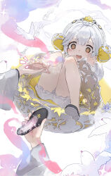 Rule 34 | 1girl, 1other, @ @, absurdres, bird, black footwear, bloomers, bun cover, child, double bun, flats, hair bun, highres, holding another&#039;s foot, holding shoe, layered skirt, long sleeves, looking at viewer, luelue zi, lying, notice lines, open mouth, pov, pov hands, puffy long sleeves, puffy sleeves, shirt, shoes, short hair, shorts, shorts under skirt, single barefoot, single shoe, skirt, smell, sparkle, steam, underwear, unworn shoes, white background, white bird, white hair, white shirt, white shorts, white skirt, wuhua mixin, yellow eyes, yellow skirt, yin xiangnang (wuhua mixin)
