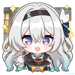 Rule 34 | 1girl, :d, black hairband, black jacket, blue eyes, blue hair, blue pupils, blue ribbon, bow, chibi, collared shirt, dot nose, firefly (honkai: star rail), food, gradient hair, grey hair, hair bow, hair intakes, hair ribbon, hairband, holding, holding plate, honkai: star rail, honkai (series), jacket, jiu fanglianhua, looking at viewer, multicolored hair, neckerchief, open mouth, orange neckerchief, pastry, plate, purple eyes, ribbon, shirt, smile, solo, straight-on, twitter username, two-tone eyes, white bow, white shirt