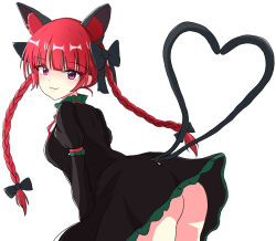 Rule 34 | 1girl, :3, absurdres, animal ears, ass, bent over, black bow, black dress, blunt bangs, bow, braid, breasts, cat ears, cat girl, closed mouth, commentary request, dress, extra ears, hair bow, heart, heart tail, highres, kaenbyou rin, long hair, looking at viewer, medium breasts, multiple tails, nekomata, no panties, ptn, red hair, side braids, simple background, solo, tail, touhou, twin braids, two tails, variant set, white background