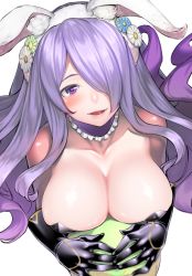 Rule 34 | 1girl, animal ears, bare shoulders, blush, breasts, camilla (fire emblem), camilla (spring) (fire emblem), cleavage, detached collar, easter, easter egg, egg, fake animal ears, fire emblem, fire emblem fates, fire emblem heroes, from above, gauntlets, h kasei, hair over one eye, hairband, large breasts, long hair, nintendo, purple eyes, purple hair, rabbit ears, simple background, smile, solo, white background