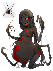 Rule 34 | 1girl, absurdres, belly, black hair, black skin, black widow (spider), breasts, colored skin, extra arms, fangs, female focus, highres, arthropod girl, kneeling, monster girl, my700, nipples, nude, original, pointy ears, red eyes, reference photo, simple background, solo, spider girl, teeth, tongue, tongue out, white background