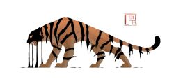 Rule 34 | animal focus, commentary, constricted pupils, dream tiger (govy9807), english commentary, fangs, from side, full body, highres, monster, no humans, open mouth, original, profile, rovo050331, simple background, solo, tiger, white background, yellow eyes