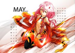 Rule 34 | 10s, 1girl, absurdres, bare shoulders, black thighhighs, breasts, calendar, center opening, cleavage, detached sleeves, fingerless gloves, gloves, guilty crown, hair ornament, hairclip, hands on own chest, highres, long hair, looking at viewer, miki (horoharo), miki (horop), navel, open mouth, pink hair, red eyes, sitting, small breasts, solo, thighhighs, twintails, wallpaper, yuzuriha inori