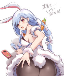Rule 34 | 1girl, absurdres, animal ears, arm cuffs, ass, bilibili xiaolu, black pantyhose, blue hair, blush, braid, breasts, carrot hair ornament, controller, cowboy shot, dress, food-themed hair ornament, from behind, fur-trimmed dress, fur trim, hair ornament, hand on own ass, highres, hololive, leotard, light blue hair, long hair, looking at viewer, looking back, medium breasts, multicolored hair, open mouth, pantyhose, playboy bunny, rabbit ears, rabbit girl, rabbit tail, red eyes, sideboob, simple background, sketch, sleeveless, solo, tail, thick eyebrows, twin braids, two-tone hair, usada pekora, usada pekora (1st costume), virtual youtuber, white background, white dress, white hair, wrist cuffs