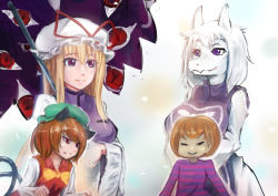 Rule 34 | 3girls, androgynous, animal ears, blonde hair, blue eyes, bow, breasts, brown hair, cat ears, cat tail, chen, clenched teeth, dress, endless would, flat chest, frisk (undertale), furry, furry female, gap (touhou), goat ears, green hat, hands up, hat, hat ribbon, hissing, holding, holding umbrella, horns, light particles, looking at another, mob cap, multiple girls, multiple tails, nekomata, own hands together, purple hair, red eyes, red vest, ribbon, shirt, short hair, slit pupils, smile, striped clothes, striped shirt, tabard, tail, teeth, toriel, touhou, two tails, umbrella, undertale, vest, white dress, white shirt, yakumo yukari