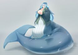 Rule 34 | 1girl, blue hair, breasts, closed mouth, grey background, highres, huge breasts, japanese clothes, kimono, klew, long hair, looking at viewer, mermaid, monster girl, original, simple background, smile, solo, taur, very long hair, whale