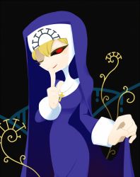 Rule 34 | 1girl, black background, black sclera, blonde hair, colored sclera, cowboy shot, double (skullgirls), finger to mouth, nun, one eye closed, red eyes, skullgirls, smile, solo