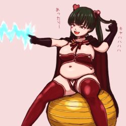 Rule 34 | 1girl, akaboshi inome, ball, belly, big belly, black hair, breasts, cape, character sheet, cleavage, exercise ball, face paint, gloves, green eyes, green hair, heart, high heels, highres, japanese text, large breasts, long hair, magical girl, muffin top, playing with own hair, plump, sitting, smug, solo, thick thighs, thighhighs, thighs, thong, translation request, twintails, undersized clothes