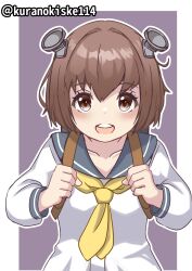Rule 34 | 1girl, backpack, bag, blue sailor collar, brown eyes, brown hair, cowboy shot, dress, headgear, highres, kantai collection, kurano kisuke, neckerchief, one-hour drawing challenge, open mouth, purple background, round teeth, sailor collar, sailor dress, short hair, solo, speaking tube headset, teeth, twitter username, two-tone background, upper teeth only, white dress, yellow neckerchief, yukikaze (kancolle)
