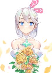 Rule 34 | + +, 1girl, bare shoulders, blue eyes, blush, bouquet, brooch, closed mouth, collarbone, crystal, detached collar, dress, female focus, flower, gem, green gemstone, grey hair, hair ornament, happy, highres, holding, holding bouquet, jewelry, level9kaito, light blush, looking at viewer, multicolored eyes, off-shoulder dress, off shoulder, official alternate costume, petals, purple eyes, rose, short hair, sidelocks, simple background, smile, solo, standing, stella (world flipper), straight-on, swept bangs, upper body, white background, white dress, white flower, world flipper, yellow flower, yellow rose
