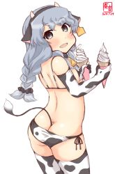 Rule 34 | 1girl, alternate costume, butt plug, anal tail, animal ears, animal print, artist logo, ass, bikini, braid, butt crack, cat cutout, clothing cutout, commentary request, contrapposto, cow ears, cow horns, cow print, cow tail, cowboy shot, dated, ear tag, elbow gloves, fake animal ears, fake horns, fake tail, food, from behind, gloves, grey eyes, highres, horns, ice cream, ice cream cone, kanon (kurogane knights), kantai collection, long hair, one-hour drawing challenge, parted lips, side-tie bikini bottom, sidelocks, silver hair, simple background, single braid, soft serve, solo, standing, swimsuit, tail, thighhighs, wavy hair, white background, white bikini, white gloves, white thighhighs, yamagumo (kancolle)