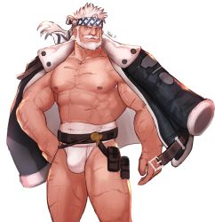 Rule 34 | 1boy, abs, bara, bare pectorals, beard, bulge, dsharp, facial hair, feet out of frame, fundoshi, granblue fantasy, hand on own hip, headband, jacket, jacket on shoulders, japanese clothes, large pectorals, male focus, male underwear, muscular, mustache, nipples, open clothes, open jacket, pectorals, scar, scar on chest, short hair, solo, soriz, thick thighs, thighs, white background, white hair, white male underwear