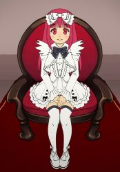 Rule 34 | 1girl, black bow, black bowtie, bow, bowtie, chair, deathsmiles, dress, frilled dress, frills, full body, hair bow, long hair, looking at viewer, platform footwear, red eyes, red hair, sitting, smile, solo, stupa13a, thighhighs, upskirt, white bow, white dress, white footwear, white thighhighs, windia (deathsmiles)