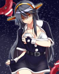 Rule 34 | 1girl, alternate costume, belt, black belt, black hair, black santa costume, breasts, brown eyes, christmas, commentary request, dated, dress, enemy lifebuoy (kancolle), gloves, hair between eyes, hair ornament, hairclip, haruna (kancolle), headgear, highres, jewelry, kantai collection, large breasts, long hair, looking at viewer, night, red dress, red gloves, remodel (kantai collection), ring, santa costume, smile, snowing, solo, utsumi karmin, wedding band