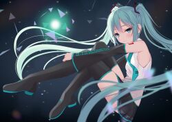 Rule 34 | 1girl, aqua eyes, aqua hair, aqua necktie, arm tattoo, bare shoulders, black footwear, black skirt, black sleeves, black thighhighs, boots, closed mouth, commentary, detached sleeves, full body, hair between eyes, hair ornament, hatsune miku, highres, hugging own legs, invisible chair, knees up, light blush, long hair, looking at viewer, miku day, miniskirt, necktie, notobi, pleated skirt, shirt, sitting, skirt, sleeveless, sleeveless shirt, smile, solo, tattoo, thigh boots, thighhighs, twintails, very long hair, vocaloid, white shirt, wide sleeves