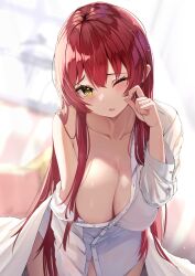 Rule 34 | 1girl, absurdres, bare shoulders, blush, breasts, buttons, collarbone, hair between eyes, hair down, highres, hololive, houshou marine, large breasts, long hair, looking at viewer, naked shirt, off-shoulder shirt, off shoulder, one eye closed, open mouth, puripuri, red hair, shirt, solo, virtual youtuber, waking up, white shirt, yellow eyes