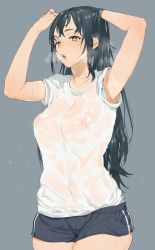 Rule 34 | 1girl, armpits, arms up, bad id, bad twitter id, black hair, breasts, covered erect nipples, cowboy shot, female focus, heavy breathing, highres, large breasts, long hair, navel, nipples, no bra, open mouth, original, see-through, shirt, short shorts, short sleeves, shorts, simple background, solo, tan, tanline, wet, wet clothes, wet hair, wet shirt, yellow eyes, yzh chan