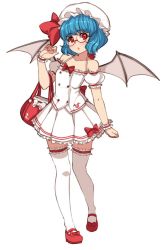 Rule 34 | 1girl, :o, adapted costume, alternate costume, bag, bare shoulders, bat wings, bespectacled, blue hair, blush, contemporary, full body, glasses, handbag, hat, kugi ta hori taira, looking at viewer, mary janes, mob cap, red-framed eyewear, red eyes, remilia scarlet, semi-rimless eyewear, shoes, short hair, simple background, solo, thighhighs, touhou, under-rim eyewear, white background, white thighhighs, wings, wrist cuffs, zettai ryouiki