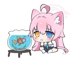 Rule 34 | 1girl, 5uj0, :3, air bubble, animal ears, animalization, doodle sensei (blue archive), black skirt, blue archive, blue eyes, blue necktie, blush stickers, bubble, butterfly sitting, cat ears, cat tail, chest harness, chibi, commentary request, fish, fishbowl, flying sweatdrops, goldfish, hair flaps, halo, hands on own thighs, harness, heterochromia, highres, hoshino (blue archive), kemonomimi mode, korean commentary, looking at animal, necktie, pink hair, sensei (blue archive), shirt, simple background, sitting, skirt, socks, solo, staring, tail, tareme, underwater, water, white background, white shirt, white socks, yellow eyes