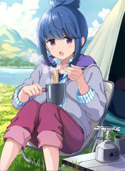Rule 34 | 1girl, blue hair, blue sky, blurry, blurry background, chair, cloud, cloudy sky, collared shirt, commentary, cup, day, depth of field, eating, food, fork, green shirt, grey jacket, hair bun, holding, holding cup, holding fork, jacket, long sleeves, looking at viewer, mirai denki, noodles, open clothes, open jacket, open mouth, outdoors, pants, pants rolled up, propane tank, purple eyes, purple pants, ramen, shima rin, shirt, short hair, sidelocks, single hair bun, sitting, sky, solo, steam, striped clothes, striped shirt, tent, vertical stripes, yurucamp