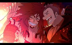 Rule 34 | 2boys, ^ ^, alcohol, ascot, beer, calgara, closed eyes, drunk, embers, facial hair, fire light, furrowed brow, goatee, happy, highres, laughing, long hair, long sideburns, male focus, montblanc noland, multiple boys, one piece, pectorals, short hair, sideburns, tattoo, toned, toned male, tribal, tribal tattoo, upper body, ususmomo, very long hair