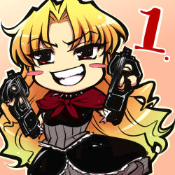 Rule 34 | 00s, 1girl, blonde hair, blush stickers, bullpup, chibi, coyote ragtime show, dress, dual wielding, grin, gun, hairu, holding, january, january (coyote ragtime show), lowres, p90, personal defense weapon, smile, solo, submachine gun, weapon