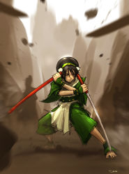 Rule 34 | 1girl, ankle cuffs, anklet, avatar: the last airbender, avatar legends, barefoot, blind, capri pants, chinese clothes, closed eyes, crossover, darren geers, gradient background, highres, jewelry, katana, pants, parody, reverse grip, sheath, shirasaya, sword, toph bei fong, weapon, zatoichi