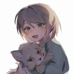 Rule 34 | 1girl, 404notfind000, animal, backlighting, chinese commentary, commentary request, dog, endou akane, green eyes, green shirt, hair between eyes, highres, holding, holding animal, holding dog, light brown hair, open mouth, saibou shinkyoku, shirt, short hair, simple background, smile, tina (saibou shinkyoku), white background
