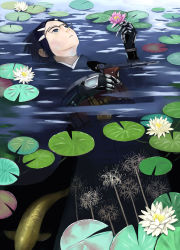 Rule 34 | 1girl, afloat, aqua eyes, blue hair, claws, expressionless, female focus, fish, floating, flower, glasses, gloves, gun, hair ornament, hairclip, handgun, highres, japanese clothes, kimono, koi, lily pad, lotus, mimura kaoru, original, pistol, pond, short hair, solo, spider lily, water, weapon, white flower, white spider lily