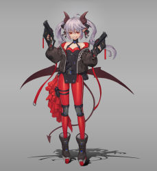 Rule 34 | 1girl, absurdres, bare shoulders, belt, belt pouch, boots, commentary request, demon girl, demon horns, demon tail, demon wings, dkxlek, dual wielding, ear piercing, earrings, fingerless gloves, flat chest, full body, gloves, grey background, grey hair, grin, gun, hair ribbon, handgun, highres, holding, horns, jacket, jewelry, knee pads, korean commentary, leggings, off shoulder, open clothes, open jacket, original, piercing, pointy ears, pouch, ribbon, roller skates, sharp teeth, skates, smile, solo, tail, teeth, thigh pouch, thigh strap, tsurime, twintails, weapon, wings