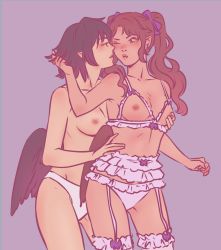 Rule 34 | 2girls, bow, bow panties, bra, grabbing another&#039;s breast, breasts, brown eyes, brown hair, commentary, cupless bra, earrings, estrelloso, eye contact, garter straps, grabbing, grabbing another&#039;s hair, hair ribbon, himekaidou hatate, jewelry, light blush, lingerie, lips, long hair, looking at another, low wings, medium breasts, multiple girls, nipples, one eye closed, panties, pointy ears, pout, purple background, ribbon, shameimaru aya, simple background, spanish commentary, thighhighs, topless, touhou, twintails, underwear, white panties, wings, yuri