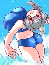 Rule 34 | 1girl, arched back, artist logo, ass, bikini, blue bikini, blue sky, breasts, butt crack, cloud, commentary request, cowboy shot, dated, from behind, grey hair, huge breasts, jingei (kancolle), kantai collection, kutone shirika, large breasts, long hair, looking at viewer, looking back, official alternate costume, red eyes, sky, solo, splashing, swimsuit, water