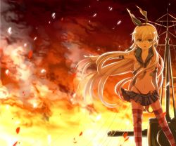 Rule 34 | 10s, 1girl, absurdres, anchor, bad id, bad pixiv id, blonde hair, elbow gloves, fire, gloves, hair ornament, hair ribbon, highres, iroha (shiki), kantai collection, long hair, looking at viewer, machinery, midriff, navel, open mouth, panties, personification, ribbon, shimakaze (kancolle), smoke, solo, striped clothes, striped thighhighs, tears, thighhighs, torn clothes, turret, underwear, yellow eyes