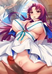 Rule 34 | 1boy, 1girl, arm behind back, bare shoulders, bazett fraga mcremitz, blurry, blurry background, blush, breasts, cleavage, clothed female nude male, clothing cutout, commentary request, commission, covered erect nipples, cowboy shot, dated, dress, erection, fate/grand order, fate (series), fujimaru ritsuka (male), girl on top, hand up, hetero, highres, large breasts, long hair, looking at viewer, manannan mac lir (fate), manannan mac lir (third ascension) (fate), navel, navel cutout, no mole, nude, open mouth, paid reward available, parted bangs, pelvic curtain, penis, pussy, red eyes, red hair, sidelocks, sitting, skeb commission, solo focus, spread legs, sweat, tsuki tokage, underboob, white dress