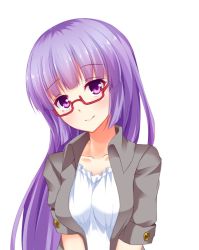 Rule 34 | 1girl, alternate costume, bespectacled, blouse, blush, breasts, closed mouth, collarbone, glasses, head tilt, hime cut, jacket, long hair, looking at viewer, medium breasts, merxkialis, open clothes, open jacket, patchouli knowledge, purple eyes, purple hair, red-framed eyewear, semi-rimless eyewear, shirt, smile, solo, touhou, under-rim eyewear, upper body, white background, white shirt
