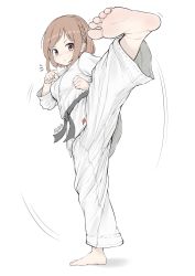 Rule 34 | 1girl, aomoro, barefoot, blush, braid, breasts, brown eyes, brown hair, commentary, feet, fighting stance, foreshortening, full body, hands up, high kick, highres, kicking, long sleeves, looking at viewer, martial arts, martial arts belt, medium breasts, medium hair, motion lines, original, pants, shirt, sidelocks, signature, simple background, soles, solo, standing, standing on one leg, swept bangs, symbol-only commentary, toenails, toes, white background, white pants, white shirt