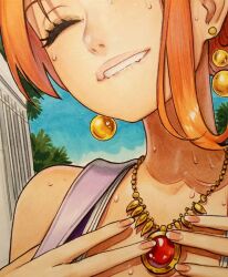 Rule 34 | 1girl, bikini, brown nails, close-up, closed eyes, collarbone, commentary, earrings, english commentary, hair behind ear, hands on own chest, highres, jewelry, nami (one piece), necklace, omar dogan, one piece, orange hair, pink lips, purple bikini, sky, solo, sweat, sweatdrop, swimsuit, traditional media, tree