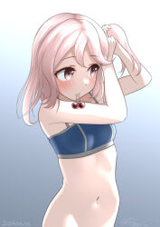 Rule 34 | 1girl, alternate hairstyle, bikini, blue bikini, bottomless, breasts, gradient background, grey background, hair bobbles, hair down, hair ornament, holding, holding own hair, kantai collection, mouth hold, navel, official alternate costume, one-hour drawing challenge, out-of-frame censoring, outdoors, pink eyes, pink hair, ray.s, sazanami (kancolle), short hair, small breasts, solo, swimsuit