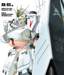 Rule 34 | 1girl, abs, absurdres, armor, between breasts, breasts, char&#039;s counterattack, character profile, covered mouth, cowboy shot, english text, fin funnels, gundam, headgear, headpiece, highres, huge breasts, looking away, mask, measurements, mecha musume, nu gundam, personification, saizu nitou gunsou, sanpaku, shield, short hair, silver hair, simple background, solo, standing, underboob, visor, white background, yellow eyes