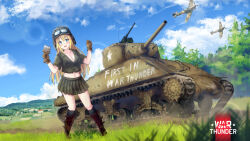 1girl absurdres aircraft airplane black_socks blonde_hair blue_eyes boots breasts brown_footwear brown_gloves cleavage collarbone copyright_name gloves green_shirt green_skirt helmet highres holding holding_paintbrush karo-chan knee_boots kneehighs large_breasts long_hair looking_at_viewer m4_sherman m4a3e2_jumbo midriff military military_vehicle motor_vehicle navel official_art original paintbrush pleated_skirt propeller_fighter second-party_source shirt signature skirt socks solo supermarine_spitfire tank united_states_army war_thunder