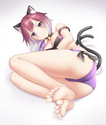 Rule 34 | 1girl, :3, animal ear fluff, animal ears, ass, bell, blush, brown hair, cat ears, cat tail, cementite, closed mouth, feet, full body, highres, jingle bell, looking at viewer, lying, multiple tails, neck bell, nekomata, on side, panties, princess connect!, purple panties, short hair, simple background, soles, solo, tail, tamaki (princess connect!), tamaki (summer) (princess connect!), toes, underwear, white background, white hair