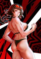 Rule 34 | 1girl, absurdres, ass, bikini, breasts, dimples of venus, female focus, hand on own hip, highres, looking at viewer, medium breasts, muscular, muscular female, nemodecy, niijima makoto, persona, persona 5, red eyes, scarf, short hair, sideboob, solo, sunglasses, sweat, swimsuit, thick thighs, thighs