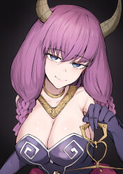 Rule 34 | 1girl, absurdres, aura (sousou no frieren), black bow, blue eyes, bow, braid, breasts, cleavage, clothing cutout, commentary, cowboy shot, dress, elbow gloves, gloves, hair between eyes, highres, horns, large breasts, light smile, long hair, navel cutout, purple dress, purple gloves, sak1 01, smirk, solo, sousou no frieren, symbol-only commentary, twin braids, weighing scale