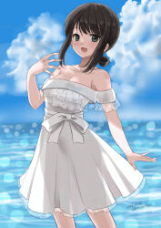 Rule 34 | 1girl, black eyes, black hair, blue sky, breasts, cloud, day, dress, feet out of frame, frilled dress, frills, fubuki (kancolle), horizon, kantai collection, kitagawa mikio, low ponytail, medium hair, ocean, off-shoulder dress, off shoulder, official alternate costume, outdoors, ponytail, see-through silhouette, short ponytail, sidelocks, sky, small breasts, smile, solo