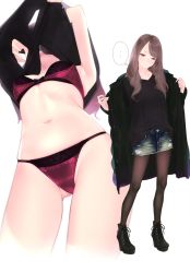 Rule 34 | ..., 1girl, absurdres, ama mitsuki, ankle boots, armpits, arms up, black bow, black coat, black footwear, black pantyhose, black sweater, boots, bow, bow bra, bow panties, bra, breasts, brown eyes, brown hair, clothes lift, coat, cross-laced footwear, denim, denim skirt, from below, gluteal fold, high heel boots, high heels, highres, lace-up boots, lifting own clothes, looking away, looking down, medium breasts, miniskirt, multiple views, navel, non-web source, open clothes, open coat, original, panties, pantyhose, platform footwear, purple bra, purple panties, ribbed sweater, satin, satin bra, satin panties, satin underwear, scan, simple background, skirt, stomach, sweater, sweater lift, swept bangs, thighs, thought bubble, underwear, undressing, white background