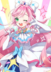 Rule 34 | 1girl, ascot, birthday, bow, braided sidelock, brooch, cure prism, cut bangs, dress, earrings, elbow gloves, glove bow, gloves, green eyes, hair bow, happy birthday, highres, hirogaru sky! precure, holding, holding microphone, jewelry, long hair, looking at viewer, magical girl, microphone, nijigaoka mashiro, one eye closed, open mouth, pink hair, precure, sky mirage, smile, solo, white ascot, white bow, white gloves, wing brooch, wing hair ornament, yukinko (yukiwork)