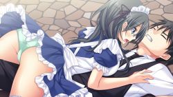 Rule 34 | 1girl, ass, black hair, blue eyes, blush, breasts, clenched teeth, closed eyes, game cg, glasses, green panties, large breasts, lautes alltags, legs, long hair, lying, maid, maid headdress, on stomach, open mouth, panties, sorai shin&#039;ya, teeth, thighs, underwear