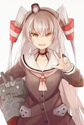 Rule 34 | 10s, 1girl, amatsukaze (kancolle), blush, breasts, collarbone, date (mamanonamaebot), hairband, highres, kantai collection, long hair, long sleeves, looking at viewer, parted lips, rensouhou-kun, silver hair, small breasts, smile, solo, twintails, two side up, upper body, v, yellow eyes