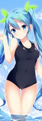 Rule 34 | 1girl, black one-piece swimsuit, blue eyes, blue hair, blue sky, blush, breasts, caustics, cleavage, clenched hand, closed mouth, cloud, collarbone, cowboy shot, day, facing viewer, gluteal fold, green ribbon, hair between eyes, hair ornament, hair ribbon, hairclip, hand up, head tilt, hip focus, in water, legs together, light smile, long hair, looking at viewer, matching hair/eyes, medium breasts, mimura zaja, new school swimsuit, one-piece swimsuit, original, outdoors, parted bangs, ribbon, school swimsuit, sidelocks, sky, smile, solo, standing, straight hair, swimsuit, taut clothes, thigh gap, twintails, very long hair, wading, water