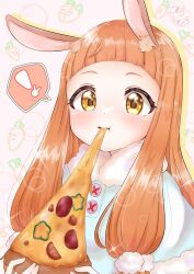 Rule 34 | !, 1girl, animal ears, blunt bangs, blush, bubble, capelet, carrot, food, fur-trimmed capelet, fur trim, highres, holding, holding food, holding pizza, horse ears, ichihara nina, idolmaster, idolmaster cinderella girls, lens flare, long hair, low-tied sidelocks, melting, mo chito27, mouth hold, orange hair, pizza, signature, solo, sparkle, spoken exclamation mark, upper body, very long hair